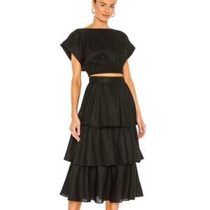 Rebecca Vallance Layla Tiered Linen Midi Skirt 6 & Top 4 Set Linen Black Classic